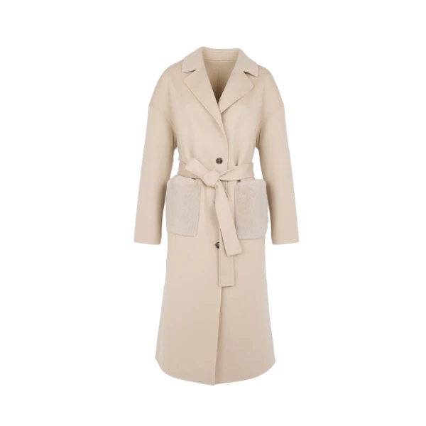 Yves Salomon Long Double-Faced Wool and Cashmere Coat with Mink Pockets in Beige | Wool Coat | Coveti