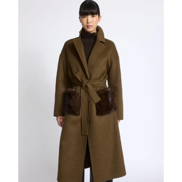 Yves Salomon Long Double-Faced Wool and Cashmere Coat with Mink Pockets in Brown | Wool Coat | Coveti