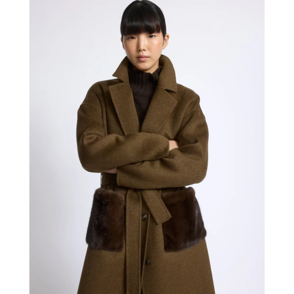 Yves Salomon Long Double-Faced Wool and Cashmere Coat with Mink Pockets in Brown | Wool Coat | Coveti
