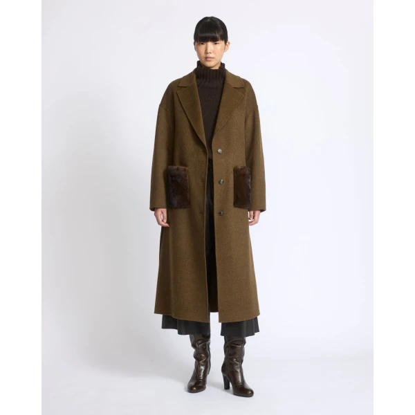 Yves Salomon Long Double-Faced Wool and Cashmere Coat with Mink Pockets in Brown | Wool Coat | Coveti