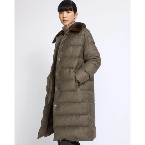 Yves Salomon Long Down Jacket with Detachable Mink Fur Collar in Brown | Jackets | Coveti