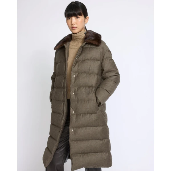 Yves Salomon Long Down Jacket with Detachable Mink Fur Collar in Brown | Jackets | Coveti