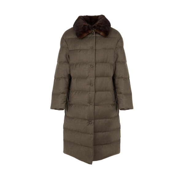 Yves Salomon Long Down Jacket with Detachable Mink Fur Collar in Brown | Jackets | Coveti