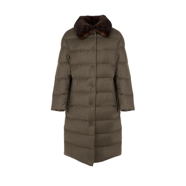 Yves Salomon Long Down Jacket with Detachable Mink Fur Collar in Brown | Jackets | Coveti