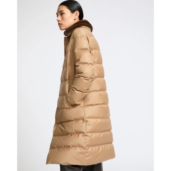 Yves Salomon Long Down Jacket with Detachable Mink Fur Collar in Camel | Coats | Coveti