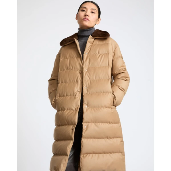 Yves Salomon Long Down Jacket with Detachable Mink Fur Collar in Camel | Coats | Coveti