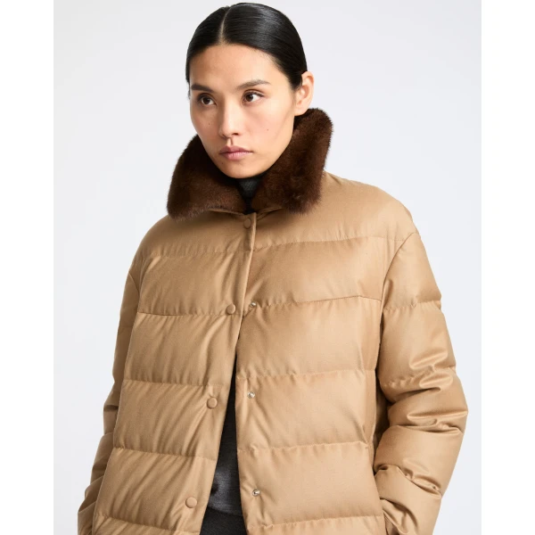 Yves Salomon Long Down Jacket with Detachable Mink Fur Collar in Camel | Coats | Coveti