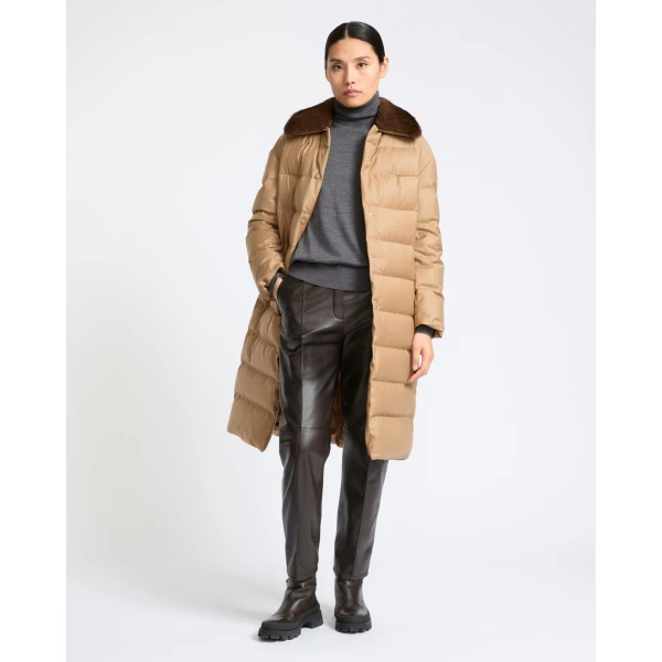 Yves Salomon Long Down Jacket with Detachable Mink Fur Collar in Camel | Coats | Coveti