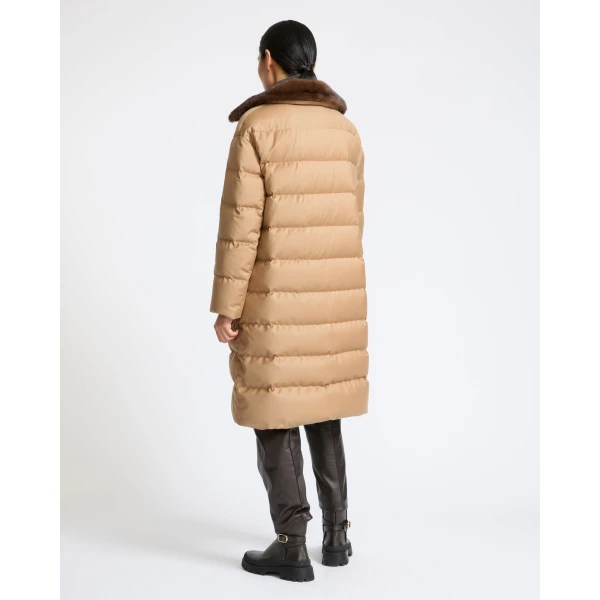 Yves Salomon Long Down Jacket with Detachable Mink Fur Collar in Camel | Coats | Coveti