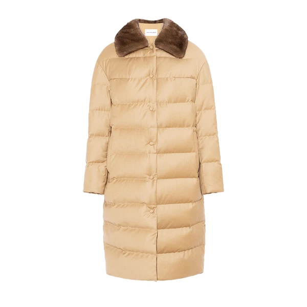 Yves Salomon Long Down Jacket with Detachable Mink Fur Collar in Camel | Coats | Coveti