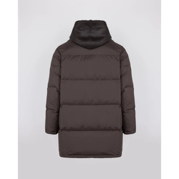 Yves Salomon Long Down Jacket with Removable Merino Shearling Bib in Dark Brown | Men's Coats | Coveti