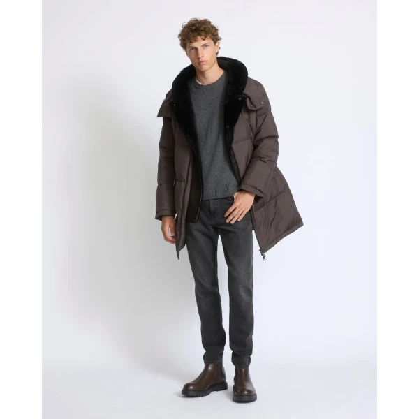 Yves Salomon Long Down Jacket with Removable Merino Shearling Bib in Dark Brown | Men's Coats | Coveti