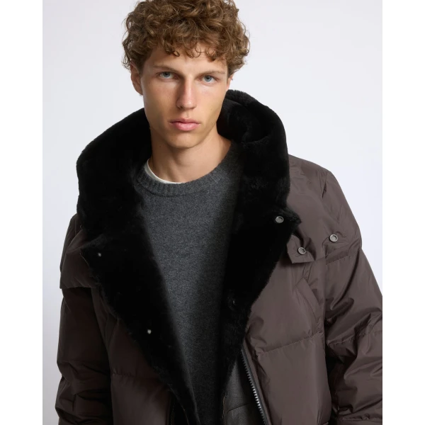 Yves Salomon Long Down Jacket with Removable Merino Shearling Bib in Dark Brown | Men's Coats | Coveti