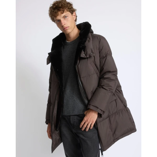 Yves Salomon Long Down Jacket with Removable Merino Shearling Bib in Dark Brown | Men's Coats | Coveti