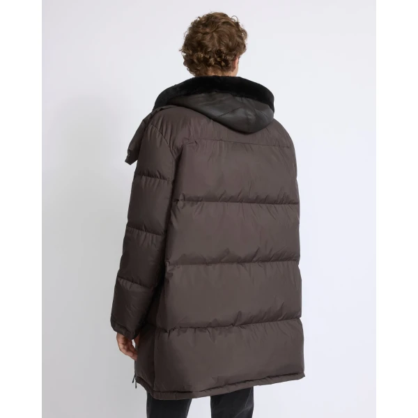 Yves Salomon Long Down Jacket with Removable Merino Shearling Bib in Dark Brown | Men's Coats | Coveti