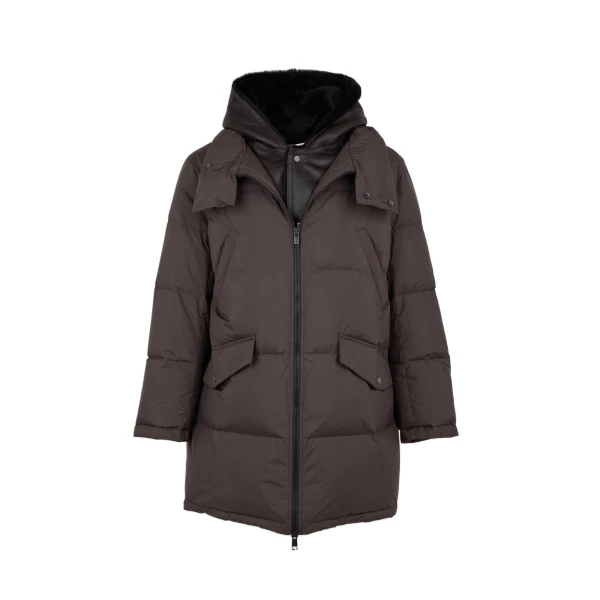Yves Salomon Long Down Jacket with Removable Merino Shearling Bib in Dark Brown | Men Clothing | Coveti