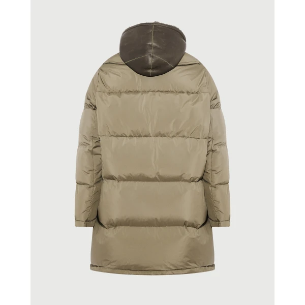 Yves Salomon Long Down Jacket with Removable Merino Shearling Bib in Khaki | Men's Coats | Coveti