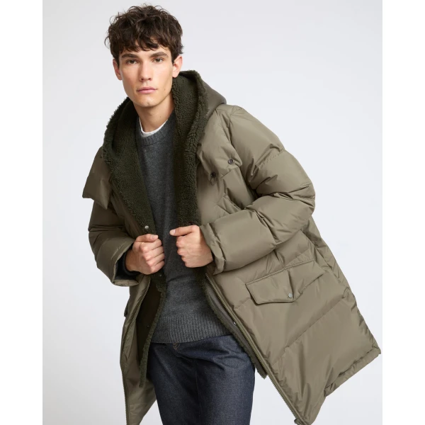 Yves Salomon Long Down Jacket with Removable Merino Shearling Bib in Khaki | Men's Coats | Coveti