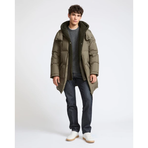 Yves Salomon Long Down Jacket with Removable Merino Shearling Bib in Khaki | Men's Coats | Coveti