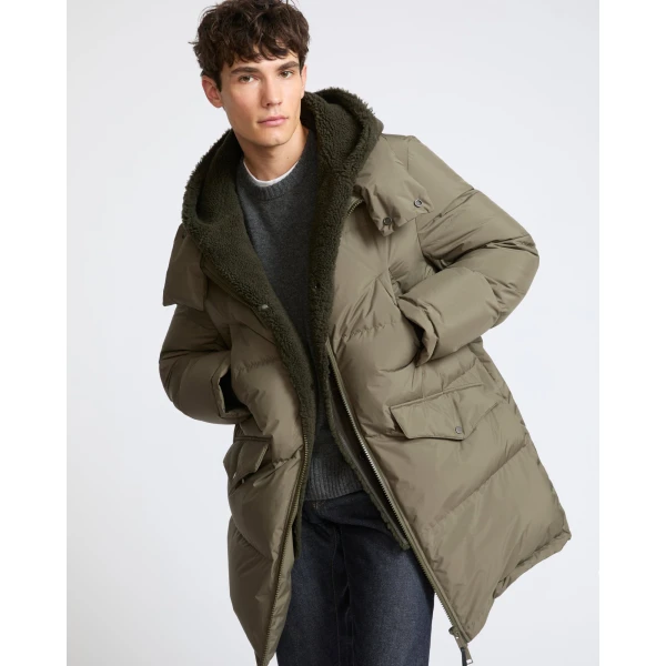 Yves Salomon Long Down Jacket with Removable Merino Shearling Bib in Khaki | Men's Coats | Coveti