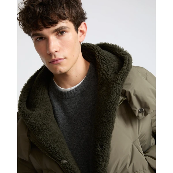 Yves Salomon Long Down Jacket with Removable Merino Shearling Bib in Khaki | Men's Coats | Coveti