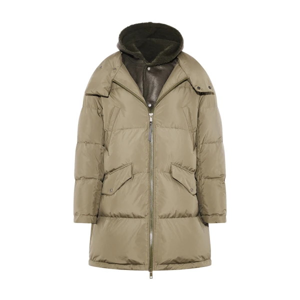 Yves Salomon Long Down Jacket with Removable Merino Shearling Bib in Khaki | Men Clothing | Coveti