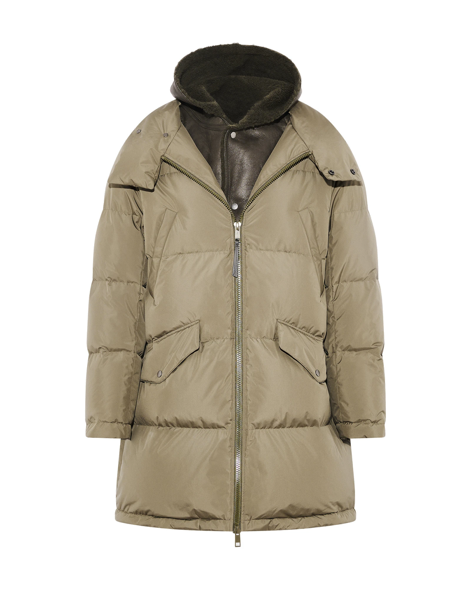 Yves Salomon Long Down Jacket with Removable Merino Shearling Bib in Khaki Yves Salomon Long Down Jacket with Removable Merino Shearling Bib in Khaki | Men Clothing | Coveti