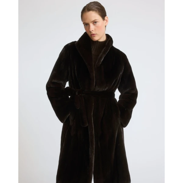 Yves Salomon Long-Haired Mink Fur Coat with High Collar in Black | Mink Coats | Coveti
