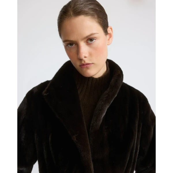 Yves Salomon Long-Haired Mink Fur Coat with High Collar in Black | Mink Coats | Coveti