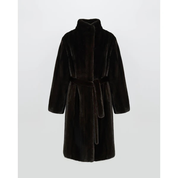 Yves Salomon Long-Haired Mink Fur Coat with High Collar in Black | Mink Coats | Coveti
