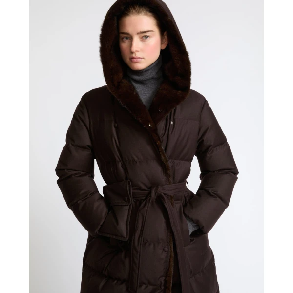 Yves Salomon Long Hooded Double-Breasted Down Jacket with Mink Fur in Brown | Coats | Coveti