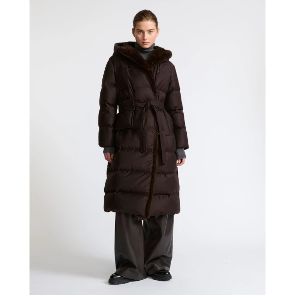 Yves Salomon Long Hooded Double-Breasted Down Jacket with Mink Fur in Brown | Coats | Coveti