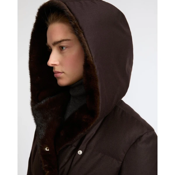 Yves Salomon Long Hooded Double-Breasted Down Jacket with Mink Fur in Brown | Coats | Coveti