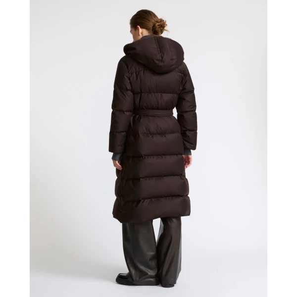 Yves Salomon Long Hooded Double-Breasted Down Jacket with Mink Fur in Brown | Coats | Coveti