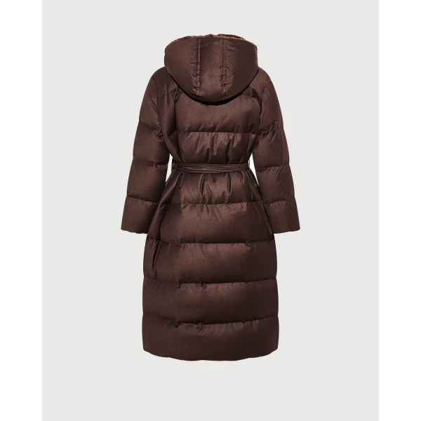 Yves Salomon Long Hooded Double-Breasted Down Jacket with Mink Fur in Brown | Coats | Coveti