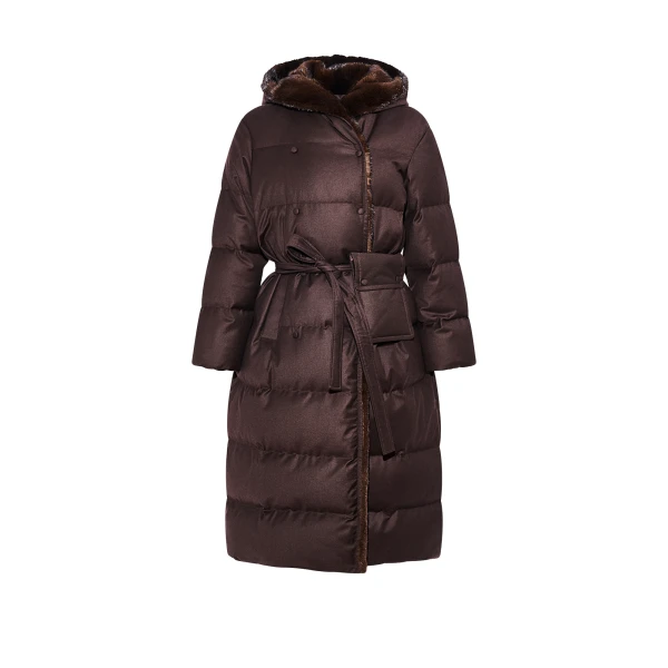 Long Hooded Double-Breasted Down Jacket with Mink Fur in Brown