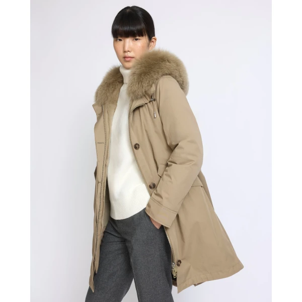 Yves Salomon Long Iconic Parka with Fox and Rabbit Fur in Beige | Coats | Coveti