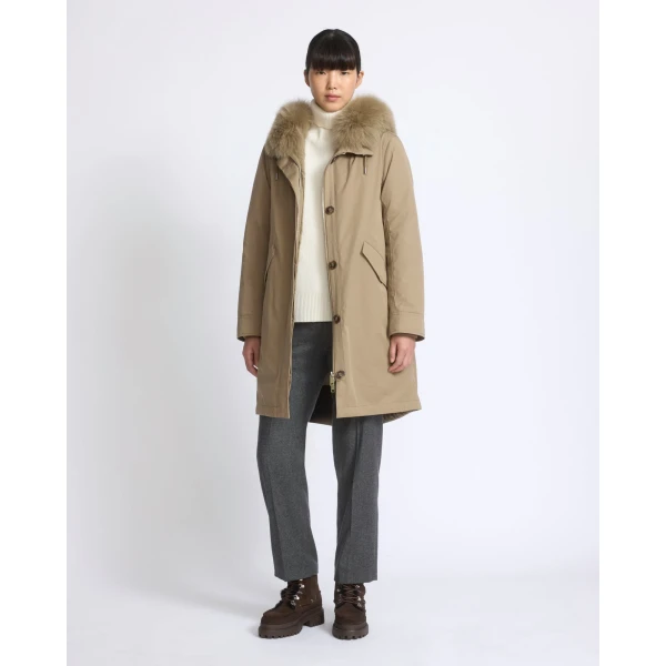 Yves Salomon Long Iconic Parka with Fox and Rabbit Fur in Beige | Coats | Coveti