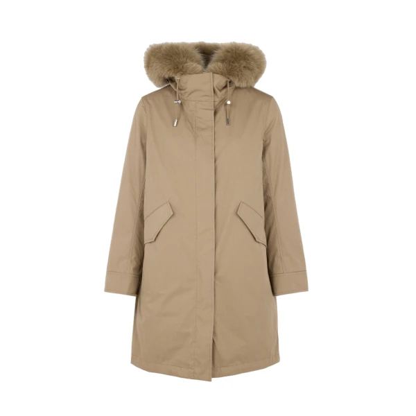 Yves Salomon Long Iconic Parka with Fox and Rabbit Fur in Beige | Women | Coveti
