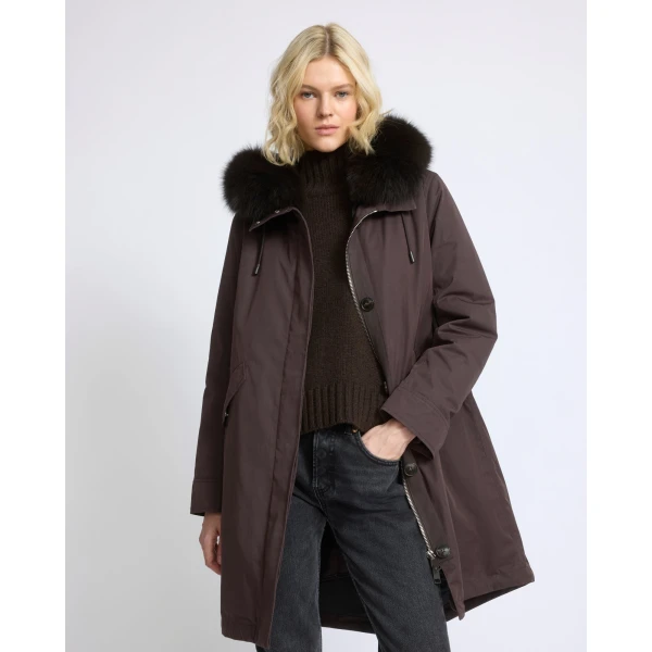 Yves Salomon Long Iconic Parka with Fox and Rabbit Fur in Brown | Coats | Coveti