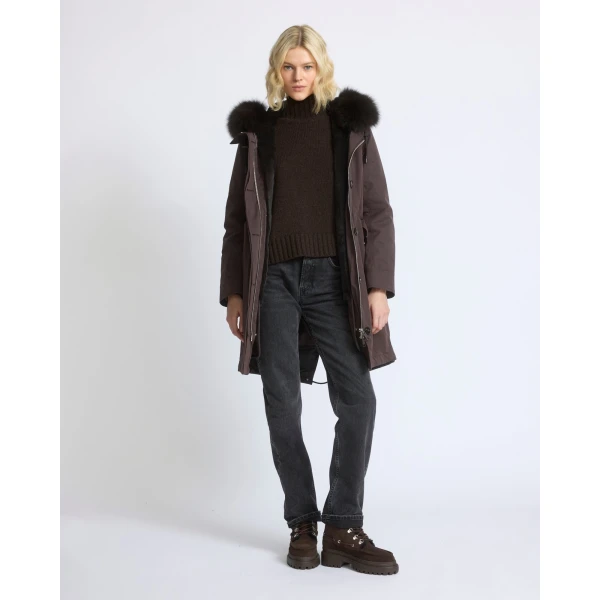 Yves Salomon Long Iconic Parka with Fox and Rabbit Fur in Brown | Coats | Coveti