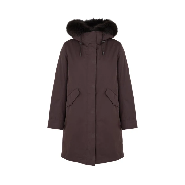 Yves Salomon Long Iconic Parka with Fox and Rabbit Fur in Brown | Women | Coveti