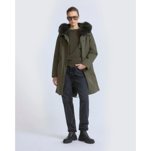 Yves Salomon Long Iconic Parka with Fox and Rabbit Fur in Dark Khaki | Coats | Coveti