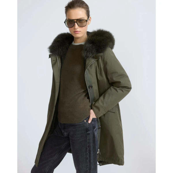 Yves Salomon Long Iconic Parka with Fox and Rabbit Fur in Dark Khaki | Coats | Coveti