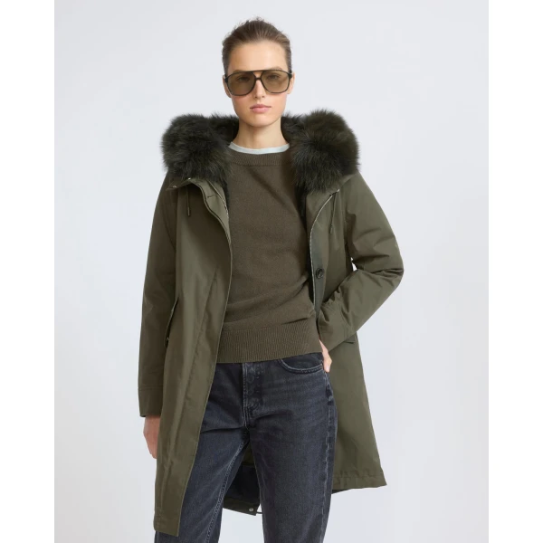 Yves Salomon Long Iconic Parka with Fox and Rabbit Fur in Dark Khaki | Coats | Coveti