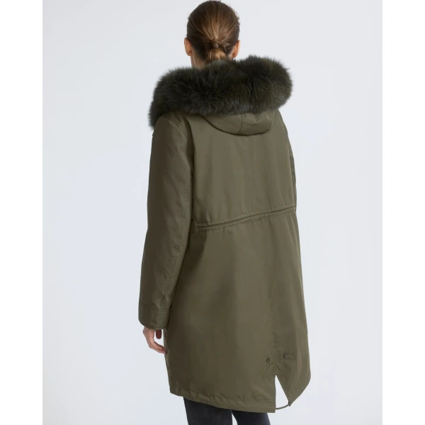 Yves Salomon Long Iconic Parka with Fox and Rabbit Fur in Dark Khaki | Coats | Coveti