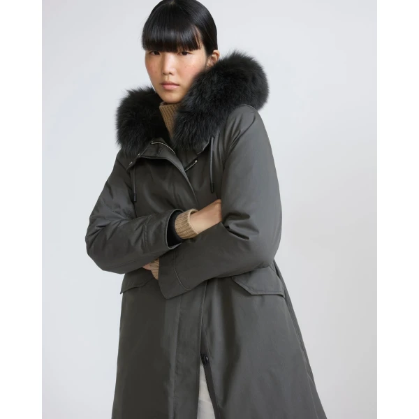 Yves Salomon Long Iconic Parka with Fox and Rabbit Fur in Grey | Coats | Coveti