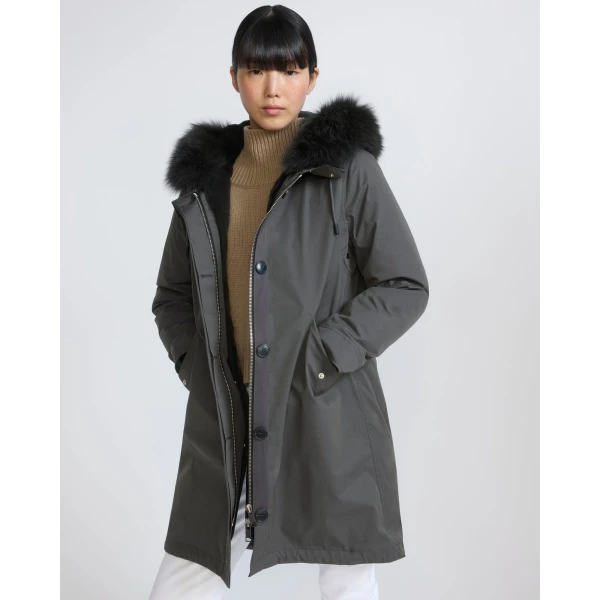 Yves Salomon Long Iconic Parka with Fox and Rabbit Fur in Grey | Coats | Coveti