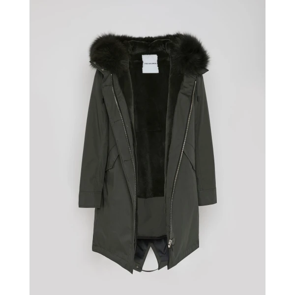 Yves Salomon Long Iconic Parka with Fox and Rabbit Fur in Grey | Coats | Coveti