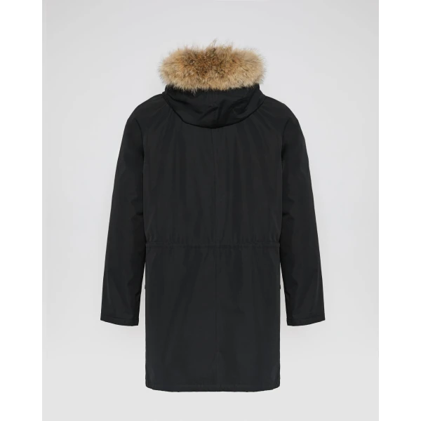 Yves Salomon Long Iconic Technical Cotton Parka with Coyote and Rabbit Fur in Black | Men's Coats | Coveti